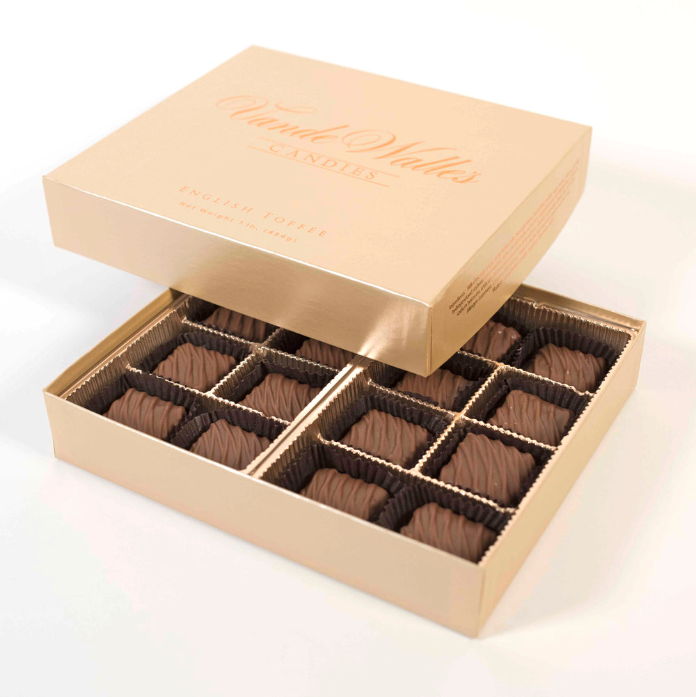 Open box of square chocolate covered English Toffee pieces with Vande Walle's Candies branding on the cover with a white background.